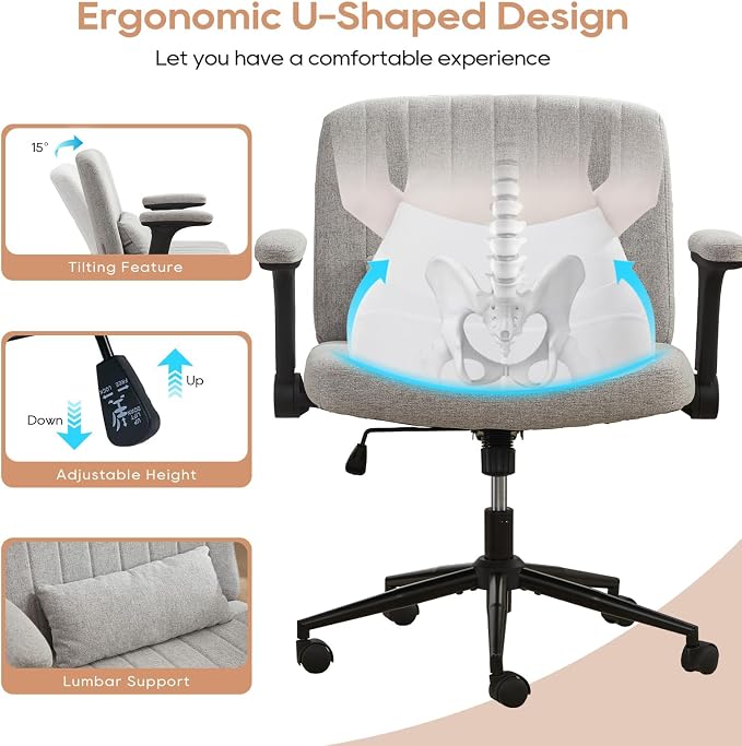 IPKIG Criss Cross Chair with Adjustable Flip-up Arms, Vanity Chair with Wheels, Comfy Desk Chair with Lumbar Pillow Swivel Wide Office Chair for Home Office, Bedroom (Linen, Grey)