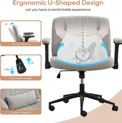 IPKIG Criss Cross Chair with Adjustable Flip-up Arms, Vanity Chair with Wheels, Comfy Desk Chair with Lumbar Pillow Swivel Wide Office Chair for Home Office, Bedroom (Linen, Grey)