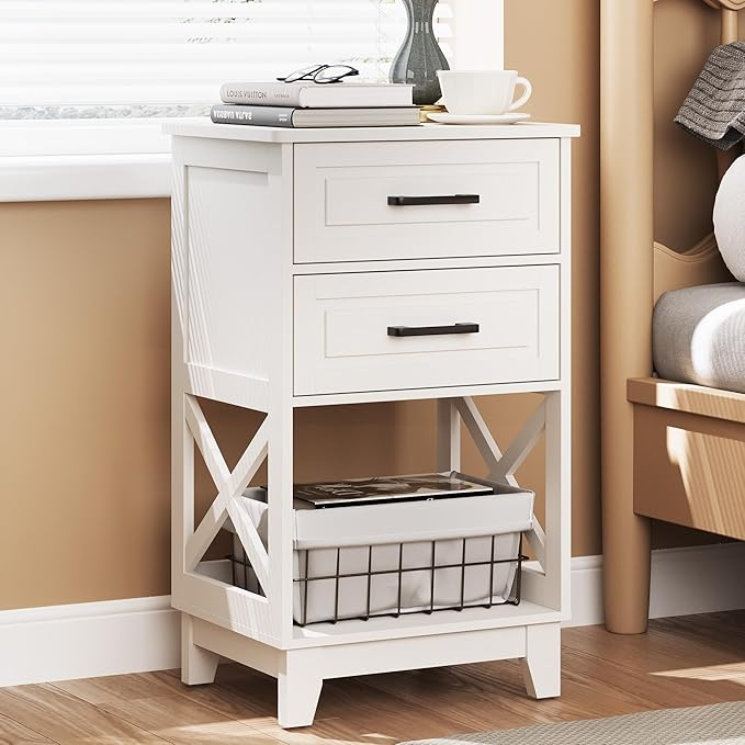 RoyalCraft 30" Tall Nightstand, Modern Painted Bedside Table with 2 Drawers and Open Shelf, Wood Side Table for Bedroom, Home Office, White-Open Shelf Below, Set of 1