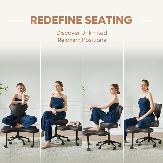 Pinmoco Ergonomic Cross Legged Chair, 360° Swivel Meditation Chair with Wheels, Height Adjustable Seat for ADHD, Strong Lumbar Support, Chic Home Office Furniture, PU Leather, Black