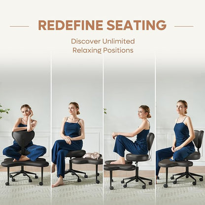 Pinmoco Ergonomic Cross Legged Chair, 360° Swivel Meditation Chair with Wheels, Height Adjustable Seat for ADHD, Strong Lumbar Support, Chic Home Office Furniture, PU Leather, Black