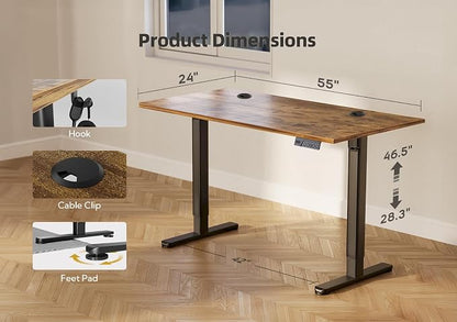 YDN Electric Standing Desk, 55 x 24 Inches Adjustable Height Stand up Desk with Cable Management, Home Office Desks with Splice Board & Frame, Rustic Brown Top
