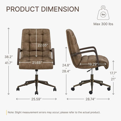 KISLOT Home Office Desk Chair, Ergonomic Office Chair with Square-Patterned Leather Upholstery, Adjustable Swivel Computer Chair with Wood Arms & Wheels, Soft-Rounded Front Edge, Brown