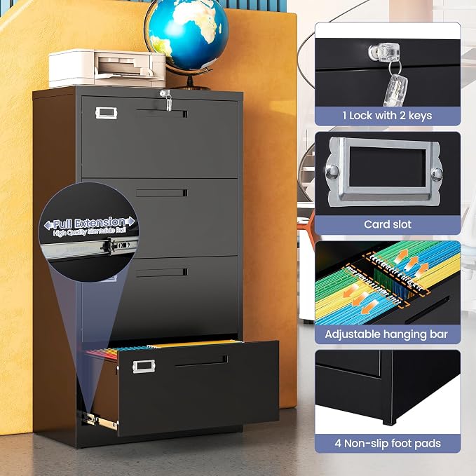 Metal Lateral 4 Drawer File Cabinet with Lock, Wide Filing Cabinet for Home Office Organization Hanging Files Letter/Legal/F4/A4 Size (Black, Assembly Required)