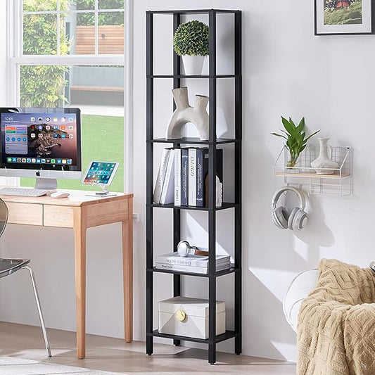 YUFAM 66in Tall Bookshelf 6-Tier Small Narrow Bookcase, Skinny Book Shelf for Small Space, Farmhouse Slim Shelf with Storage, Wood Freestanding Display Thin Bookshelves for Living Room, Office, Black