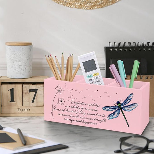 Dragonfly Dandelion Decorative Pink Pencil Holder for Desk,Pink Bookmark Holder Decor, Pen Caddy for Desk Decorative, Motivational Gifts for Women