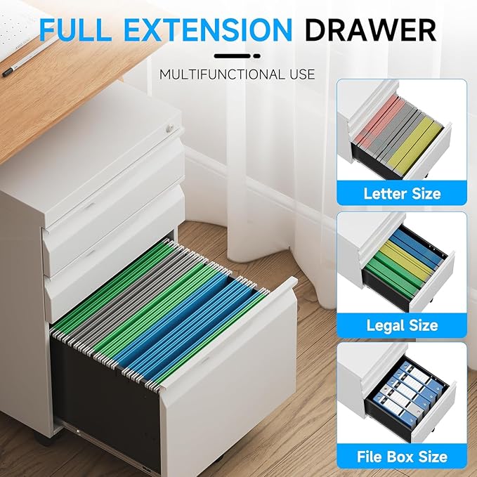 3 Drawer Mobile File Cabinet with Lock, Metal Filing Cabinet, Under Desk Rolling Small Filing Cabinet with Wheels for Home Office Storage, Fits Legal/A4/Letter/Document Size, Required Assembly, White