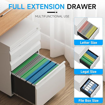 3 Drawer Mobile File Cabinet with Lock, Metal Filing Cabinet, Under Desk Rolling Small Filing Cabinet with Wheels for Home Office Storage, Fits Legal/A4/Letter/Document Size, Required Assembly, White