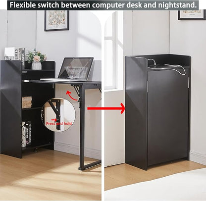 Foldable Desk,Hidden Desk with Storage and Built-in Socket,Mid Century Fold Out Table for Small Spaces,Home Office and Bedroom (Black)