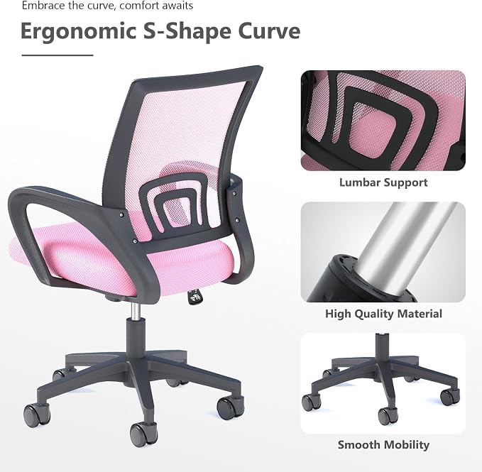 OS MOTOR Home Office Chair, Ergonomic Mid-Back Mesh Desk Chair with Lumbar Support, Adjustable Swivel Rolling Design, Comfy Armrest for Work, Study, Gaming, Vanity, Pink