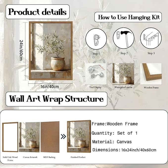 Framed Vintage Olive Tree Canvas Wall Art, Rustic Botanical Pictures Wall Decor, Neutral Potted Plant Paintings Prints Farmhouse Aesthetic Home Decor for Living Room Bedroom Kitchen 16x24 In