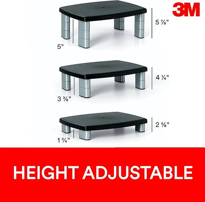 3M Adjustable Monitor Stand, Three Leg Segments, Simply Adjust Height from 1" to 5 7/8", Holds Up to 80 lbs, 11" Space Between Columns, Silver/Black (MS80B)