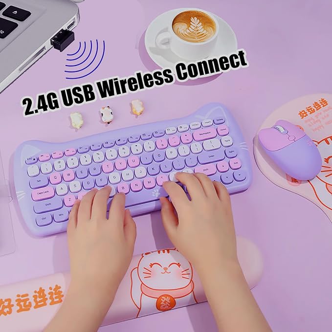 Cute Cat 2.4G USB Wireless Keyboard and Mouse Combo, Silent Keys, Candy Colors, Compatible with Notebook, PC (Purple-84Keys)