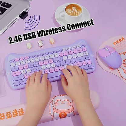 Cute Cat 2.4G USB Wireless Keyboard and Mouse Combo, Silent Keys, Candy Colors, Compatible with Notebook, PC (Purple-84Keys)