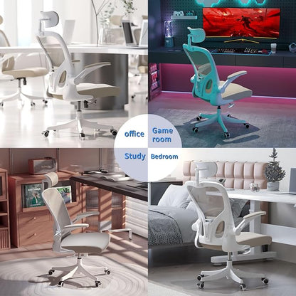 Monhey Office Chair Ergonomic Desk Chair with Lumbar Support&Headrest&Flip-up Arms Height Adjustable Rocking Swivel Computer Chair Multi-Angle from 90° to 125° with 350LBS Capacity (02White+Khaki)
