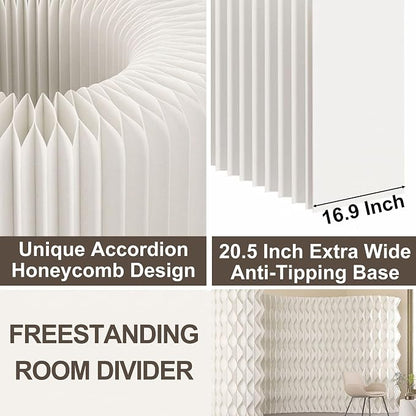 Accordion Kraft Paper Room Divider, 3D Diamond Wave Privacy Screen, Modern Freestanding Folding Partition, No Drill & Portable for Home Office Studio Salon White