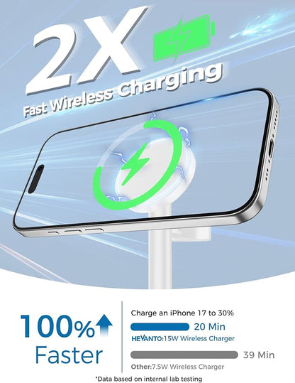 Hevanto 2026 3 in 1 Wireless Charging Station for Apple MagSafe Charger, 15W Fast Magnetic Mag-Safe Charger Stand for iPhone 17 16 15 14 13 12 Apple Watch AirPods Pro Series, White