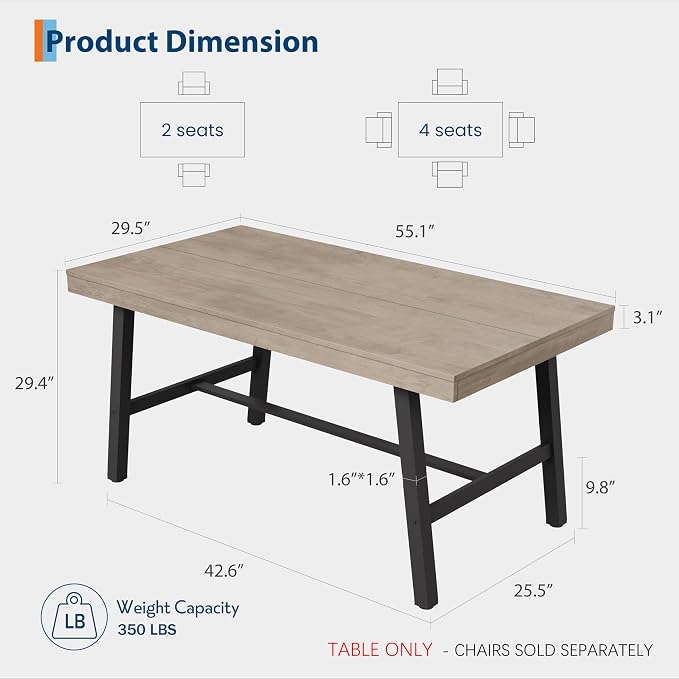 GarveeHome Industrial Dining Table for 2-4, 55" Heavy Duty Rectangular Kitchen Table with 2"×2" Metal Legs, Small Space Dining Table for Kitchen, Dining Room (Grey, 55" Non-extendable)