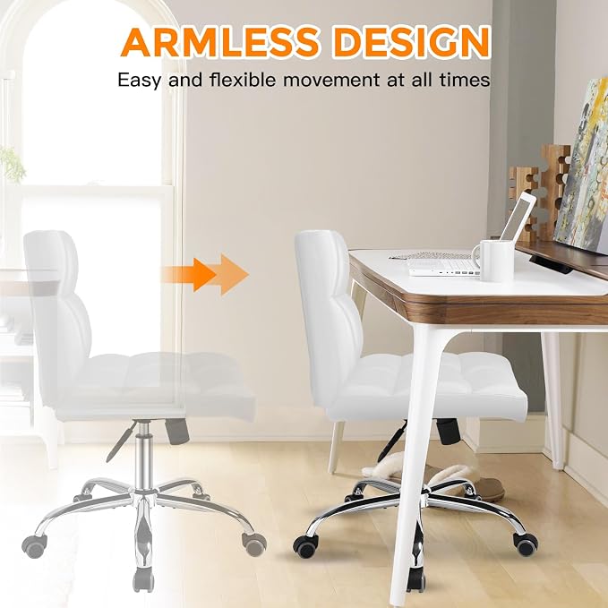 White Office Chair with Wheels - 360° Swivel Armless Back Support，Comfortable Pu Adjustable Rolling Desk Chairs for Office，Home，Vanity，Bedroom，Big Space(Widened White)