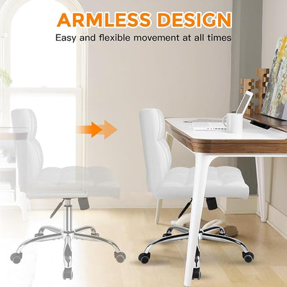 White Office Chair with Wheels - 360° Swivel Armless Back Support，Comfortable Pu Adjustable Rolling Desk Chairs for Office，Home，Vanity，Bedroom，Big Space(Widened White)