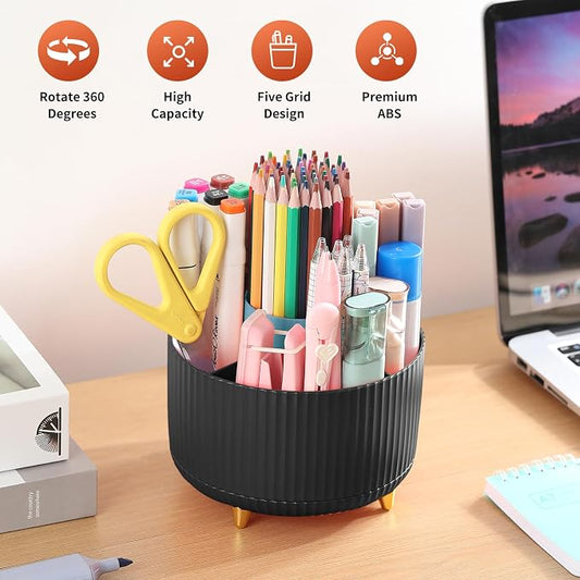 Desk Pencil Pen Holder, 5 Slots 360°Degree Rotating Pen Organizers for Desk, Desktop Storage Stationery Supplies Organizer, Cute Pencil Cup Pot for Office, School, Home, Art Supply, Black