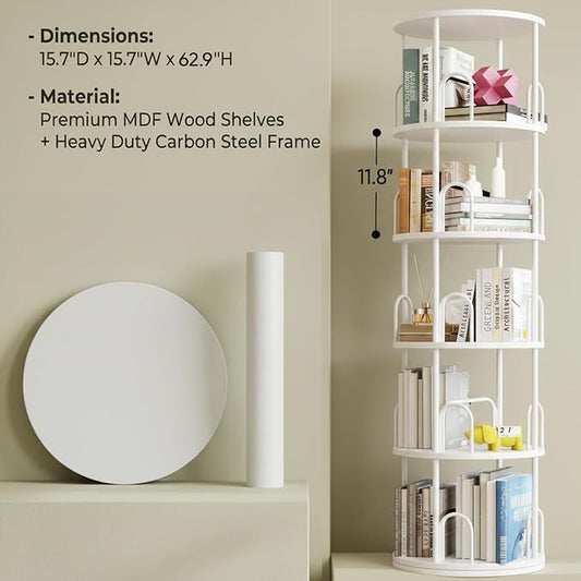 5 Tier Rotating Bookshelf, Corner Wooden, Metal Skinny Bookshelf for Toy Lego Dispaly Book Shelf Room Storage Organizer Furniture White Tall Bookcase for Bedroom Living Room Office Kitchen Shelf