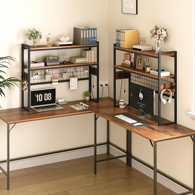 HOOBRO Desktop Bookcase, 37.4" Large Desk Shelf, 2-Tier Desktop Organizer, Wooden Office Storage Rack with Outlets, Display Shelf Rack with Light Strip, Desk Hutch for Office, Rustic Brown BF13UDSJ01