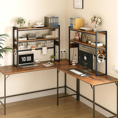 HOOBRO Desktop Bookcase, 37.4" Large Desk Shelf, 2-Tier Desktop Organizer, Wooden Office Storage Rack with Outlets, Display Shelf Rack with Light Strip, Desk Hutch for Office, Rustic Brown BF13UDSJ01