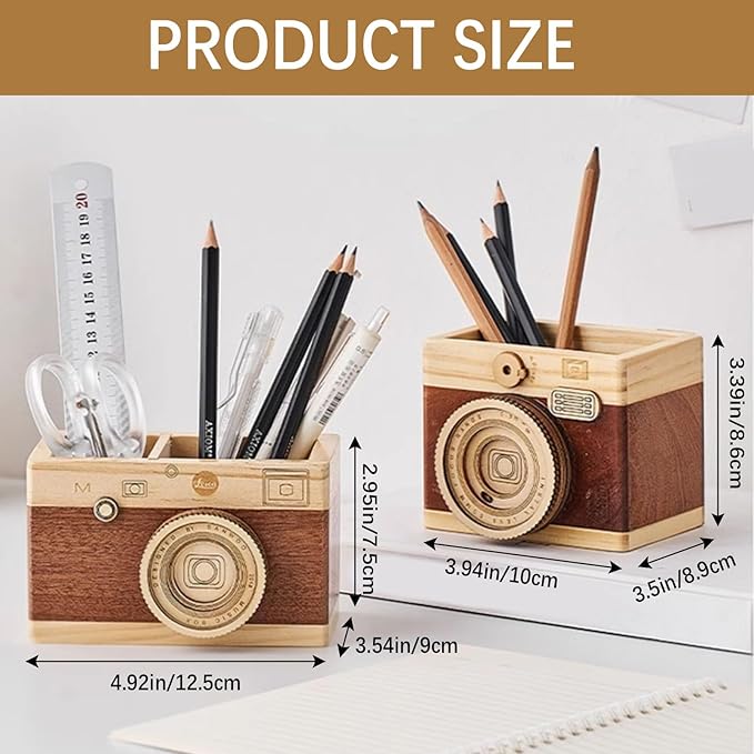 Vintage Wooden Camera Pencil Holder – Retro Desk Organizer for Pens & Stationery, Unique Photography Gift for Photographers, Creative Wooden Pen Holder for Office & Home Decor (Single slot)