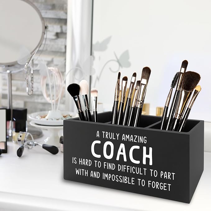 Coach Gifts Pen Pencil Holder Organizer for Desk, Best Coach Gift, Thank You Appreciation Gifts for Coaches Women Men Wooden Box Sign for Home Office Workplace Desk Tabletop Decorations
