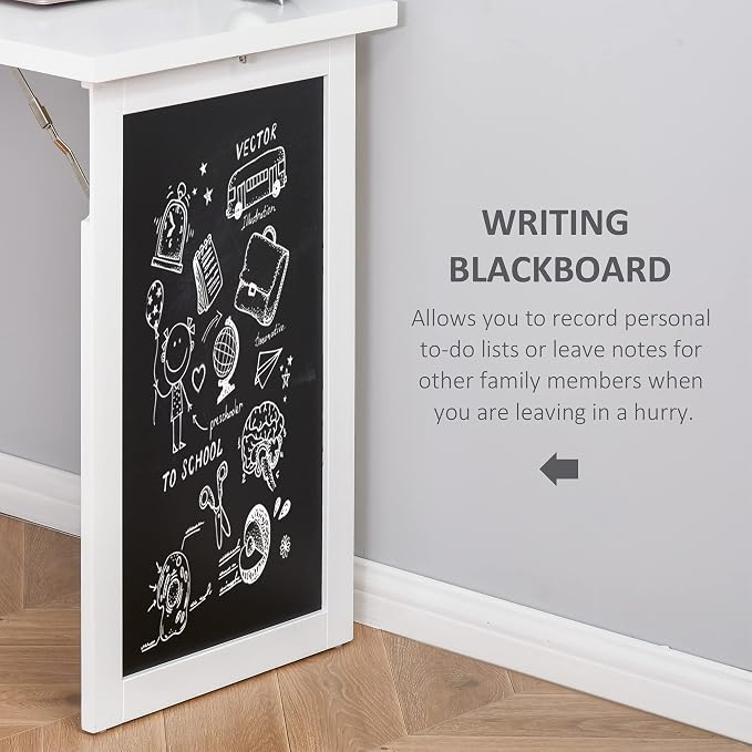 Folding Wall Mounted Desk with Storage, Expandable Hidden Computer Desk, Foldable Space-Saving Pull Out Murphy Table, Writing Table with Blackboard for Home Office Bedroom Small Spaces (White.)