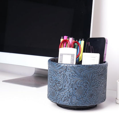 lizimandu Round Leather Art Supply Organizer,Remote Control Holder,360 Degree Spinning,Multi-Functional Pencil Holder,4 Compartments Desktop Stationary Organizer(1-Carved Dark Blue)