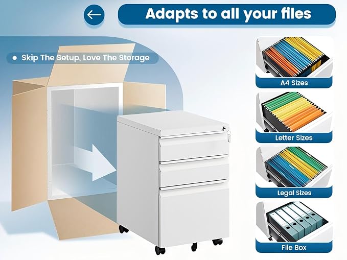 PEUKC 3 Drawers Mobile File Cabinet with Lock, Under Desk Rolling File Cabinet for Home Office, Organizes Letter Legal A4 Files, White(Pre-Assembled)