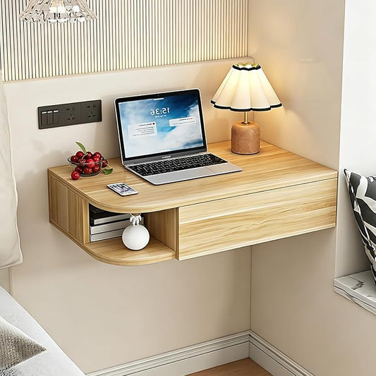 Corner Floating Desk with Drawer, Wall Mounted Desk with Open Shelving, Floating Makeup Vanity with Storage, Scratch-Resistant, Space Saving, for Bedroom Living Room Small Spaces Apartment