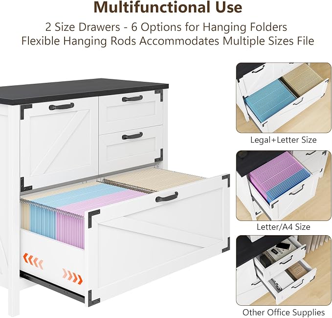 Halitaa Lateral File Cabinet with 4 Drawers Farmhouse File Cabinet for Letter/Legal/A4 Size Hanging Files, Large Wood File Storage Cabinets Printer Stand for Home Office Cabinet, White and Black