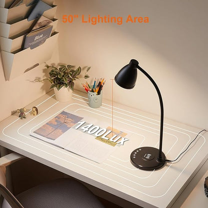 BOHON Desk Lamp for Home Office with USB C+A Charging Ports Timer Black | LED Desk Light with Wireless Charger 5 Colors Stepless Dimming Reading Light Touch Bedside Table Lamp for College Dorm Room
