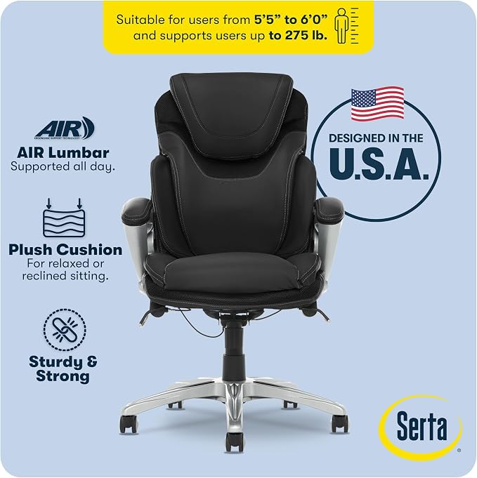 Serta Bryce Executive Office Chair - Ergonomic Computer DeskChair with Lumbar Technology - Adjustable Height - Memory Foam Body Pillows - 360° Swivel Rolling Base - Bonded Leather - Black