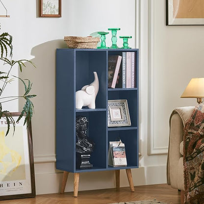 LEYAOYAO 5 Cube Bookshelf 3-Tier Bookcase with Legs,Mint Dark Blue Kids Book Shelf Cute Storage Organizer,Free Standing Open Toy Shelves Wood Bookshelves,Display Bookcases for Bedroom,Living Room