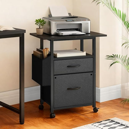 Simple Deluxe 2 Drawer File Cabinet with 24" Extended Desktop, Mobile Filing Cabinet, Rolling File Cabinet with Side Bag, Fabric Drawer, Fits A4/Letter Size, Printer Stand Home Office, Black