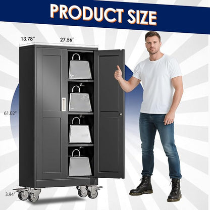 erosoei 61" H Metal Garage Storage Cabinet, Rolling Tool Cabinet with 2 Doors and Wheels, Locker Steel Cabinet with 3 Adjustable Shelves, Organization Cabinet for Garage,Office,Home,Gym,School（Black）