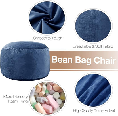 WhatsBedding 3 ft Bean Bag Chair,Large Bean Bag Chairs for Adults with Memory Foam Filling,Lazy Bean Bag Sofa for Living Room,Ultra Soft Velvet Fabric,Pull-Handle,Side-Pocket - 3 Foot,Navy