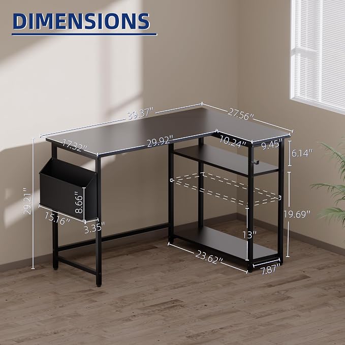 Pamray 40 Inch L Shaped Computer Desk with Reversible Side Storage Shelves, Small Corner Desk for Small Space Home Office, Writing Study Table PC Desk for Bedroom, Grey