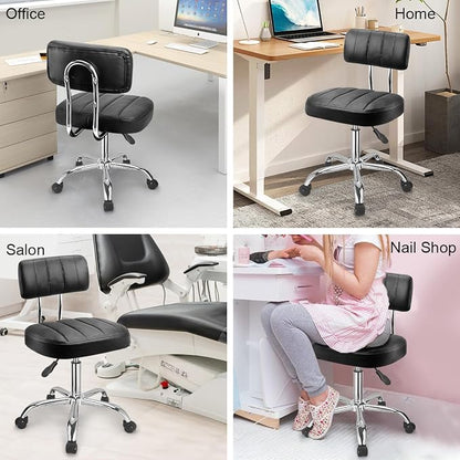 JOSTZHXIN Office Desk Chair with Wheels, Rolling Stool with Backrest Height Adjustable, Swivel Stool with Low Back Lumbar Support, Square PU Leather Swivel Chair with Back