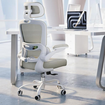 TRALT Ergonomic Office Chair - Desk Chair with Adjustable Headrest Lumbar Support Computer Chair - Mesh Comfy Chair with Flip-up Armrests - Gaming Chairs for Adults Home Office (Leather, Beige)