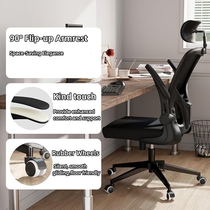 Ergonomic Office Chair, High-Back Mesh Computer Desk Chair with Adjustable Height, Lumbar Support, Flip-Up Armrests,and Swivel Rolling Design for Home and Office Use