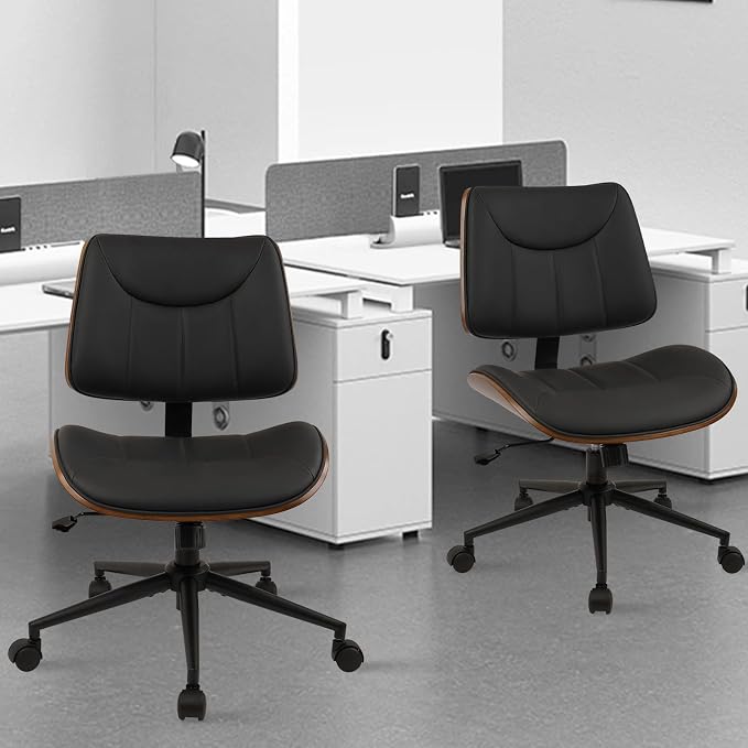 CLATINA Office Chair Armless with Wheels, Mid-Century Modern Walnut Desk Chair, Adjustable Height Reading Chair, PU Leather Mid Back & Swivel Computer Chairs for Home Meeting Room Bedroom, Black(2 PK)