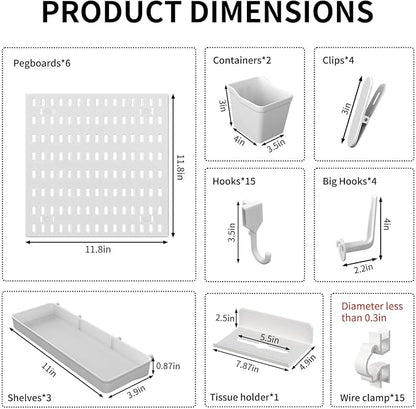 SHGJ&SOFT Peg Board Wall Organizer Panels, 50pcs - Includes 6 White Pegboards & Accessories, Plastic Pegboard for Home，Office, Craft Room, Gaming Setup, 24″×24″, Wall Mount Display Pegboard Panel Kits