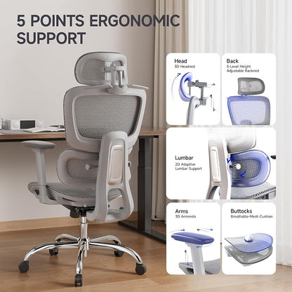Ergonomic Office Chair with 3D Headrest, Computer Chair with Adjustable Backrest & 3D Armrest, Gaming Chair with Adaptive Lumbar Support, Mesh Backrest & Cushion, Grey