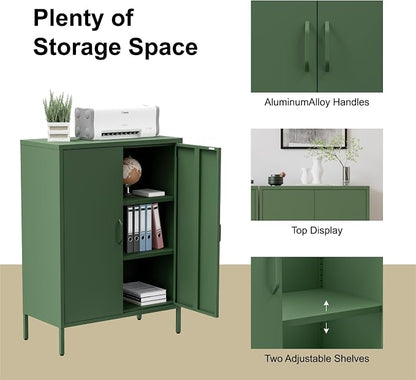 Washsemba Metal Storage Cabinet with Doors and Shelves,Multipurpose Storage Rack, 3-Tier Shelf,Metal Locker Style Accent Cabinet for Home Office,Living Room,Kitchen (Forest Green, 40''H)
