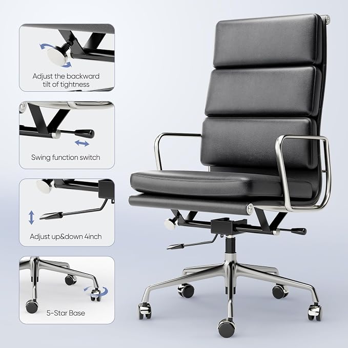 High-Back Executive Genuine Leather Office Chair, with Aluminum Arms and 5-Star Base, Modern Rolling Desk Chair with Silent Wheels, Lumbar Support, High-Adjustable, Tilting for Home & Office